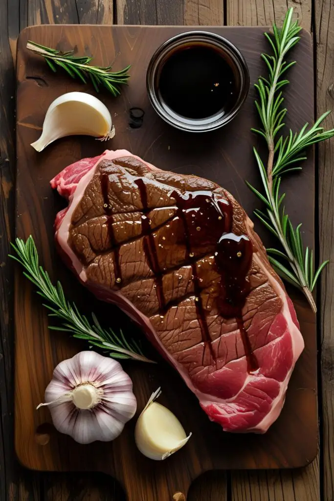 Sliced balsamic steak on a plate with a drizzle of glaze.