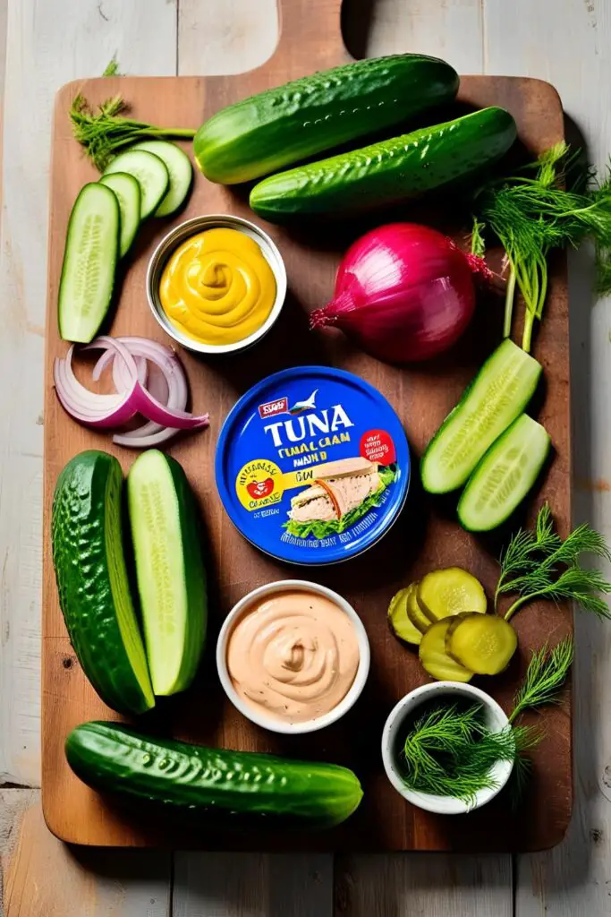  Close-up of a cucumber boat filled with tuna salad, topped with sesame seeds.