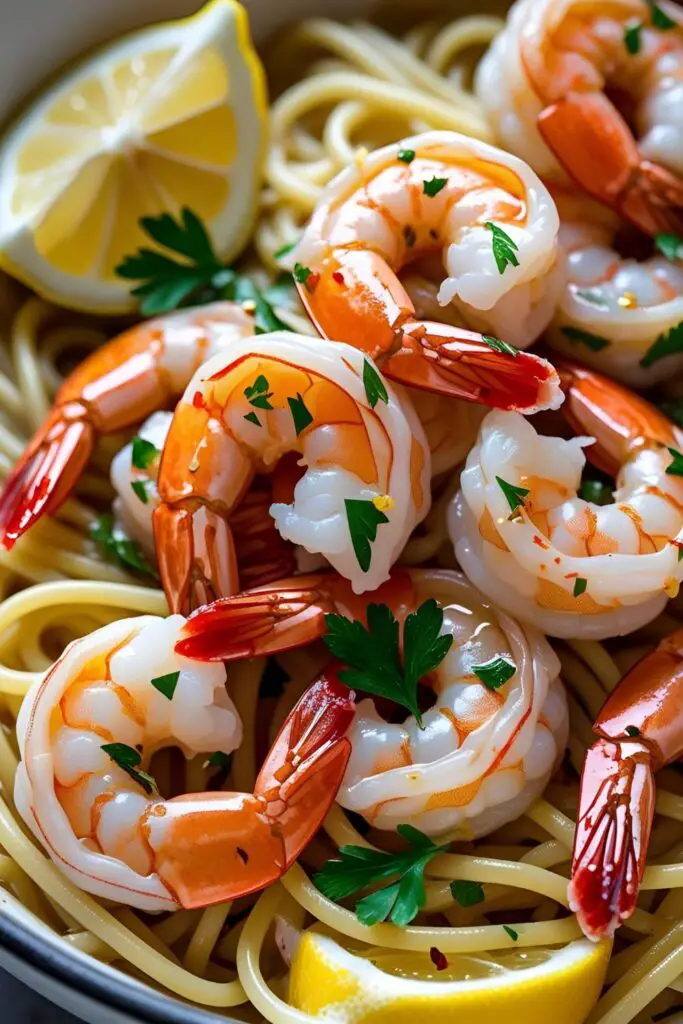 A sizzling one-pan lemon garlic shrimp dish, garnished with chopped parsley and lemon slices, served in a skillet on a rustic wooden table.