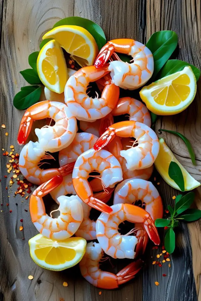 Close-up of lemon garlic shrimp in a skillet, topped with fresh herbs.