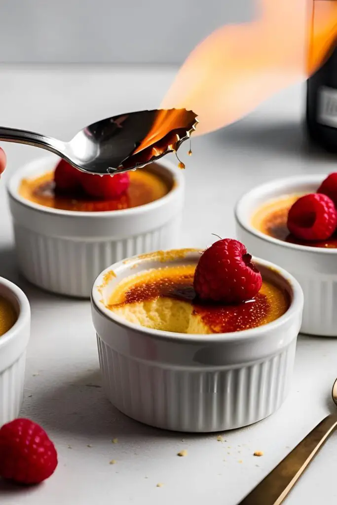Cracked caramel topping on a smooth custard base, mini crème brûlée served in white ceramic dish