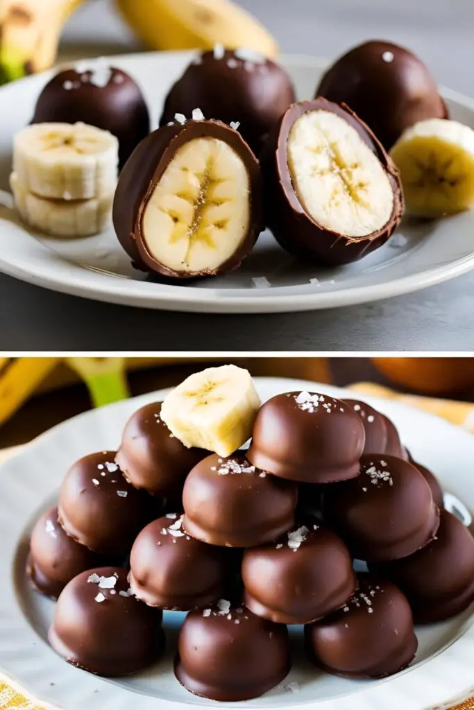 A stack of peanut butter banana bites with chocolate coating, ready to be enjoyed as a healthy snack.