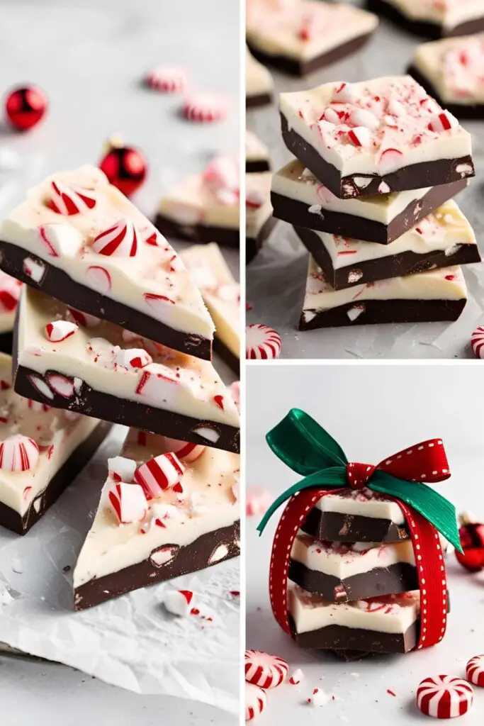 White chocolate mint bark pieces on a decorative plate with holiday ornaments in the background.