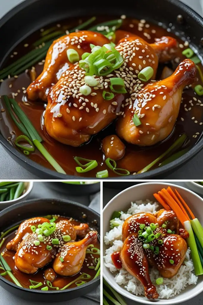 "Serving of soy ginger chicken on a white plate, accompanied by steamed vegetables and rice."