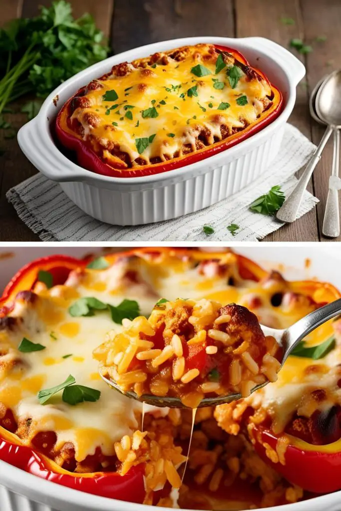 "Close-up of a spoonful of stuffed bell pepper casserole showing gooey cheese, seasoned ground beef, soft rice, and colorful bell pepper pieces."