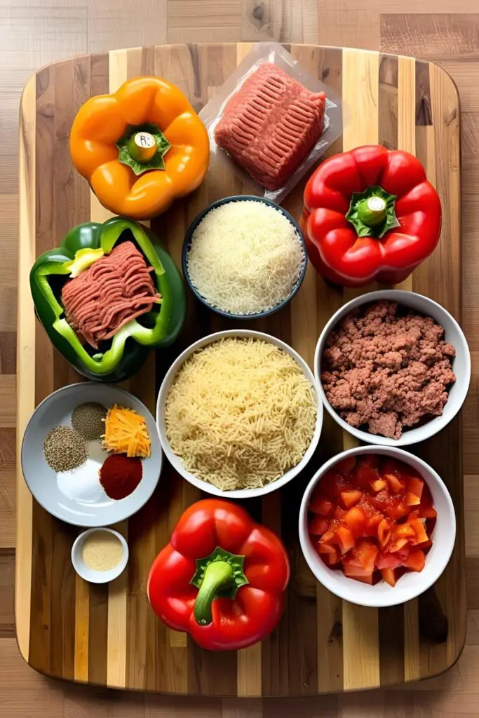 "Flat lay of fresh ingredients for stuffed bell pepper casserole, including chopped bell peppers, raw ground beef, uncooked white rice, shredded cheddar cheese, diced onions, garlic cloves, and canned tomatoes, neatly arranged on a wooden kitchen surface."