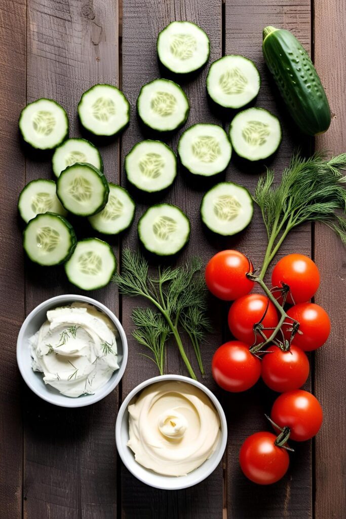 Close-up of a stuffed cucumber bite with creamy filling and tomato garnish.