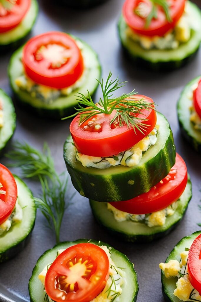 Overhead shot of stuffed cucumber bites arranged on a serving platter, garnished with fresh herbs.