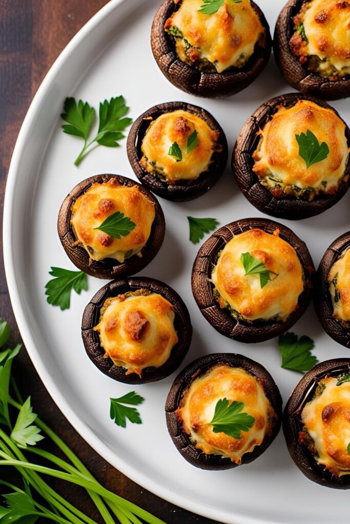 Plate of vegetarian stuffed mushrooms with a sprinkle of fresh herbs, ready to serve.