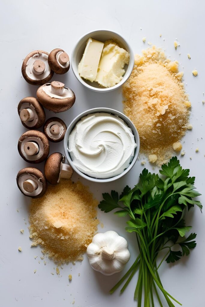 Overhead shot of stuffed mushrooms with melted cheese on a rustic wooden table.