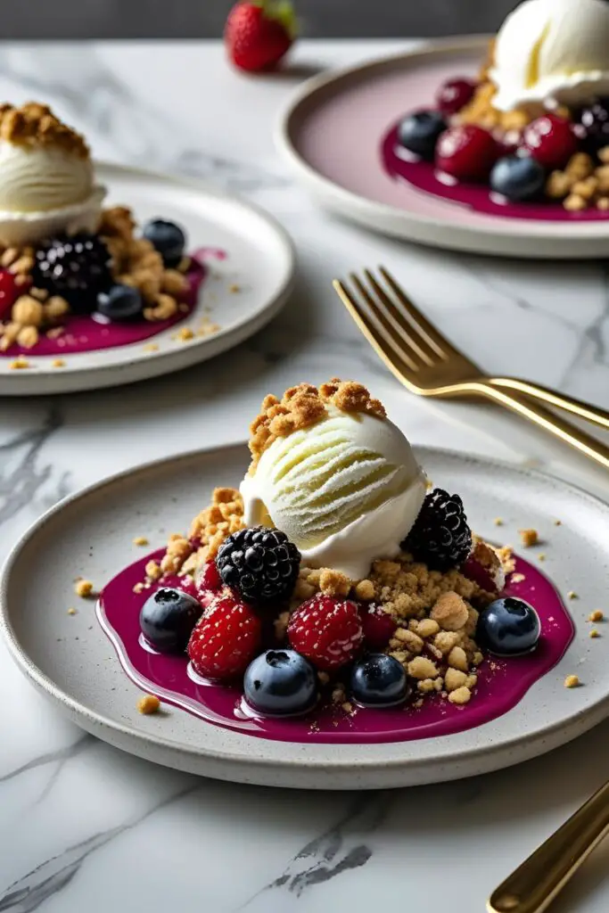   Deconstructed crumble on plate with artistic plating, berries, and melting vanilla ice cream