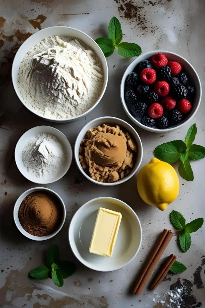  Gourmet deconstructed crumble dessert with fresh berries and vanilla ice cream