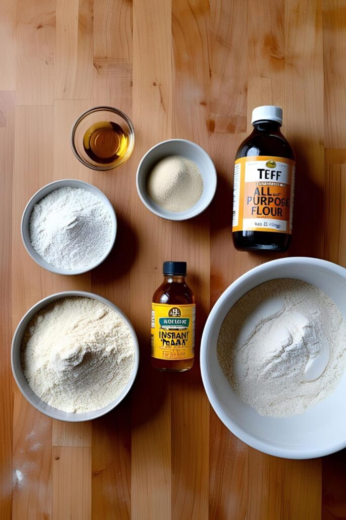  Ingredients for express injera laid out on a kitchen counter.