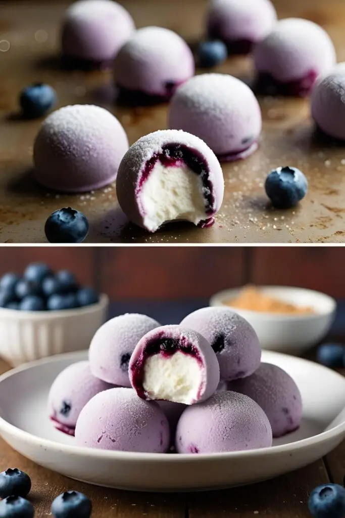 Frozen blueberry yogurt bites stacked on a white plate with yogurt swirls and blueberry accents
