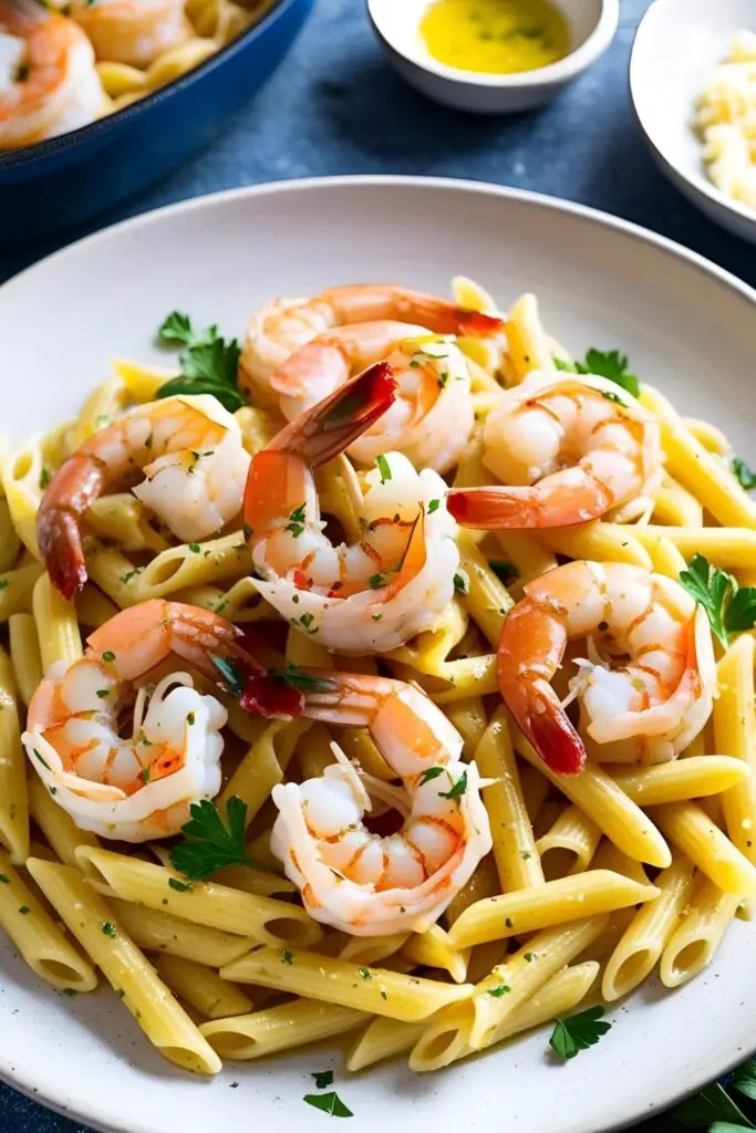 Garlic Butter Shrimp Skillet served over rice with lemon slices and fresh herbs.