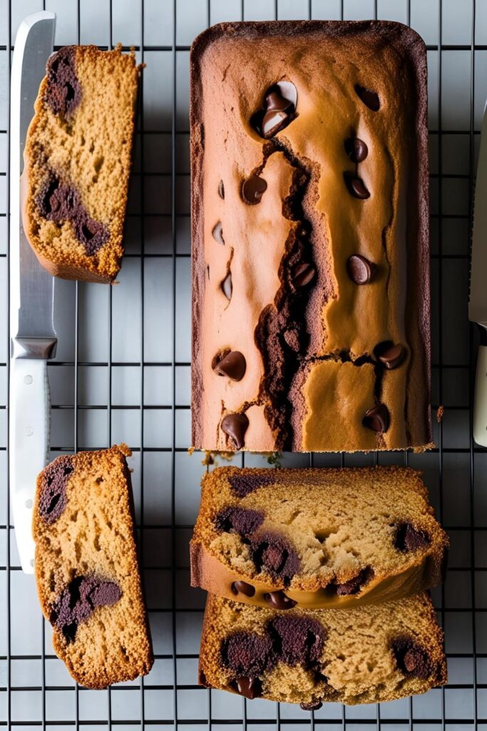 A golden loaf of gluten-free chocolate chip banana bread sliced on a parchment-lined cutting board, showing gooey chocolate chips and moist texture inside.