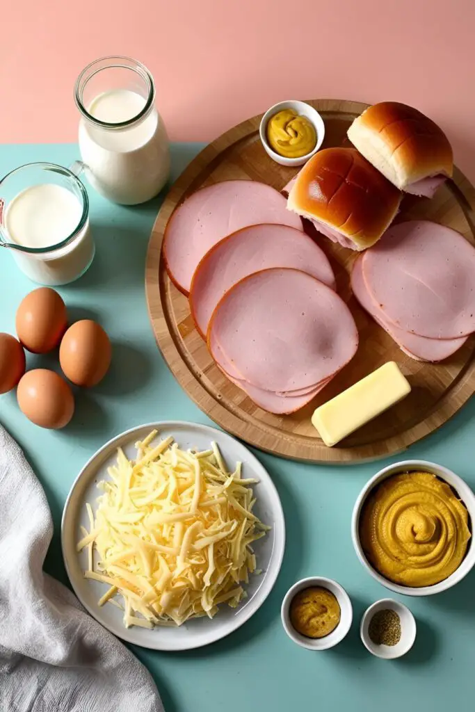 Close-up of cheesy ham and egg sliders in a baking dish with golden tops