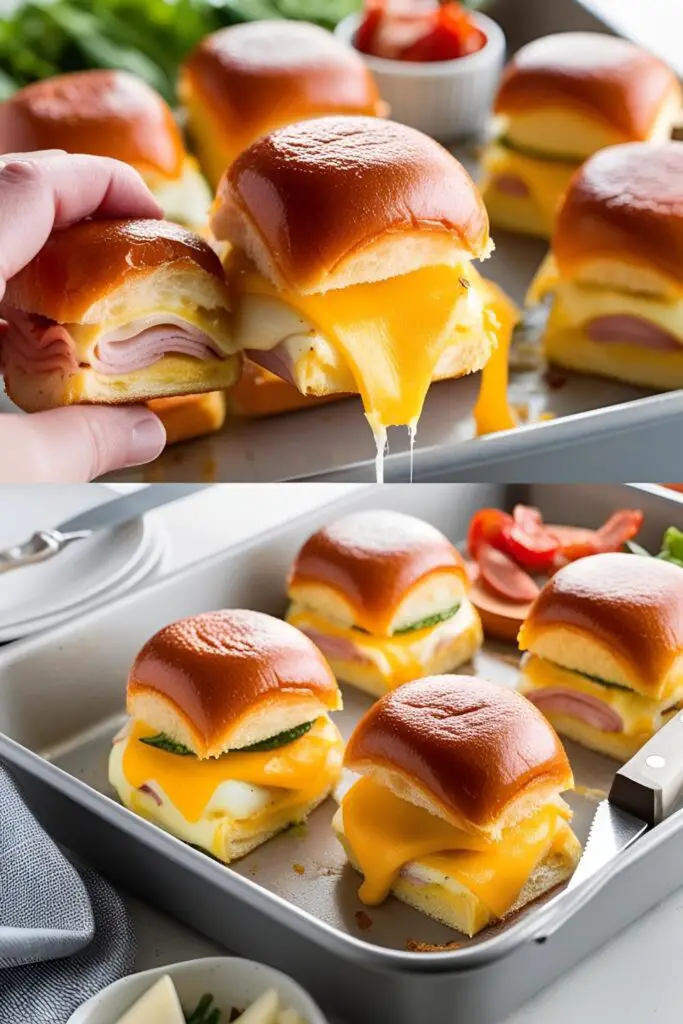  Ham and cheese egg sliders close up showing melted cheese and fluffy egg layers