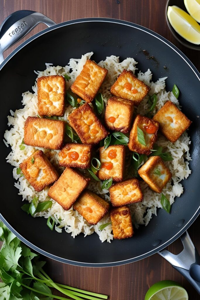 Hasty tempeh served over rice with fresh herbs and vegetables.