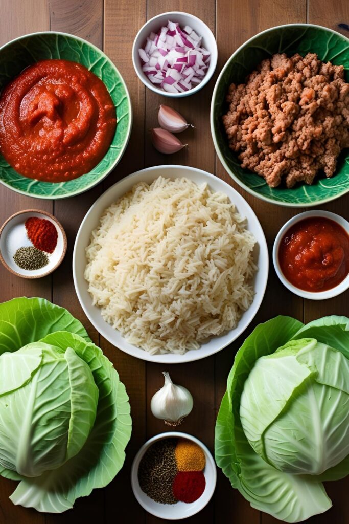A flat lay image of raw ingredients for stuffed cabbage rolls, including green cabbage leaves, ground beef, rice, chopped onions, garlic cloves, a bowl of tomato sauce, and seasoning on a wooden surface.
