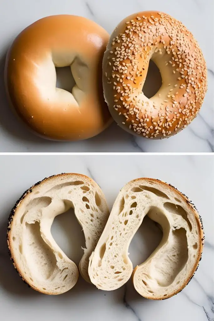"A variety of homemade bagels with different toppings displayed on a wooden board."
