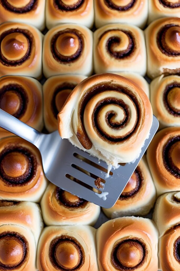 Homemade cinnamon rolls fresh out of the oven with golden swirls and icing melting over the top on a rustic plate
