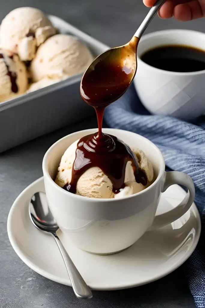A spoonful of coffee caramel sauce held above a cup of coffee.