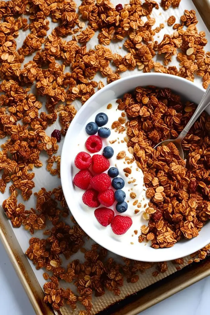 Bowl of chocolate coffee granola with a spoon and fresh berries.