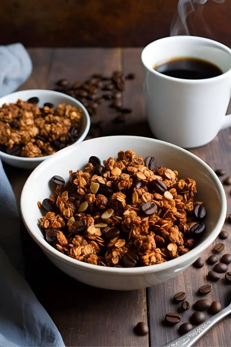 Bowl of homemade coffee granola with a cup of coffee and scattered coffee beans.