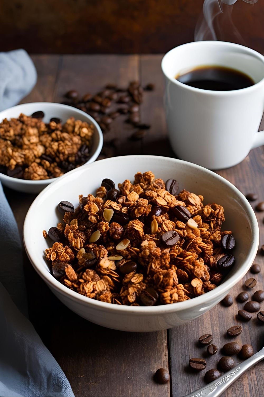 Bowl of homemade coffee granola with a cup of coffee and scattered coffee beans.