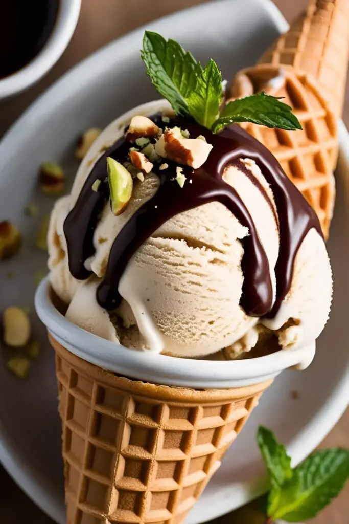 A serving of homemade coffee ice cream topped with chocolate shavings and a spoon beside it.