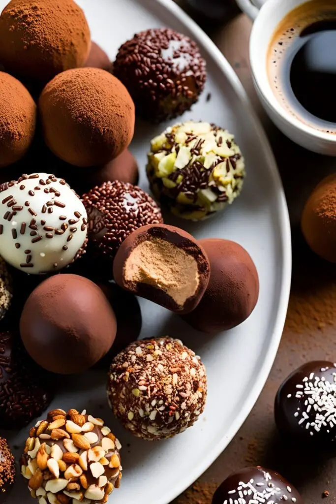 Espresso and chocolate coffee truffles rolled in toppings like cocoa and nuts, perfect for a no-bake dessert treat.
