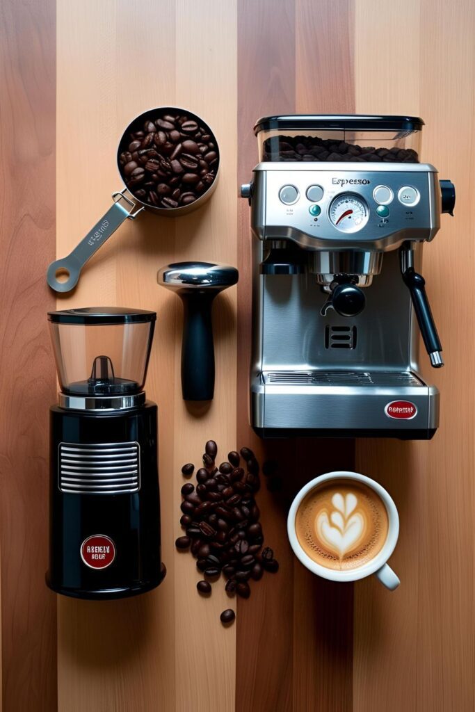 An espresso machine brewing a shot of espresso into a cup, with coffee beans and a tamper nearby
