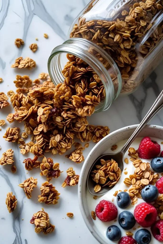 Jar of homemade granola with a spoon and scattered oats.