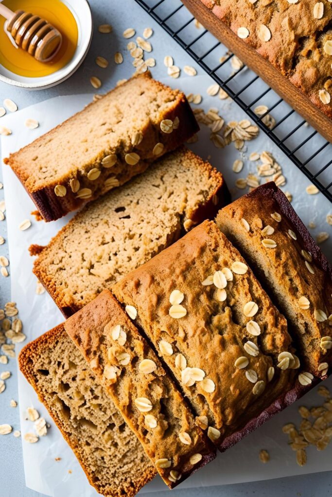 Close-up of a slice of honey oat bread, showcasing its moist crumb and oat-studded crust.
