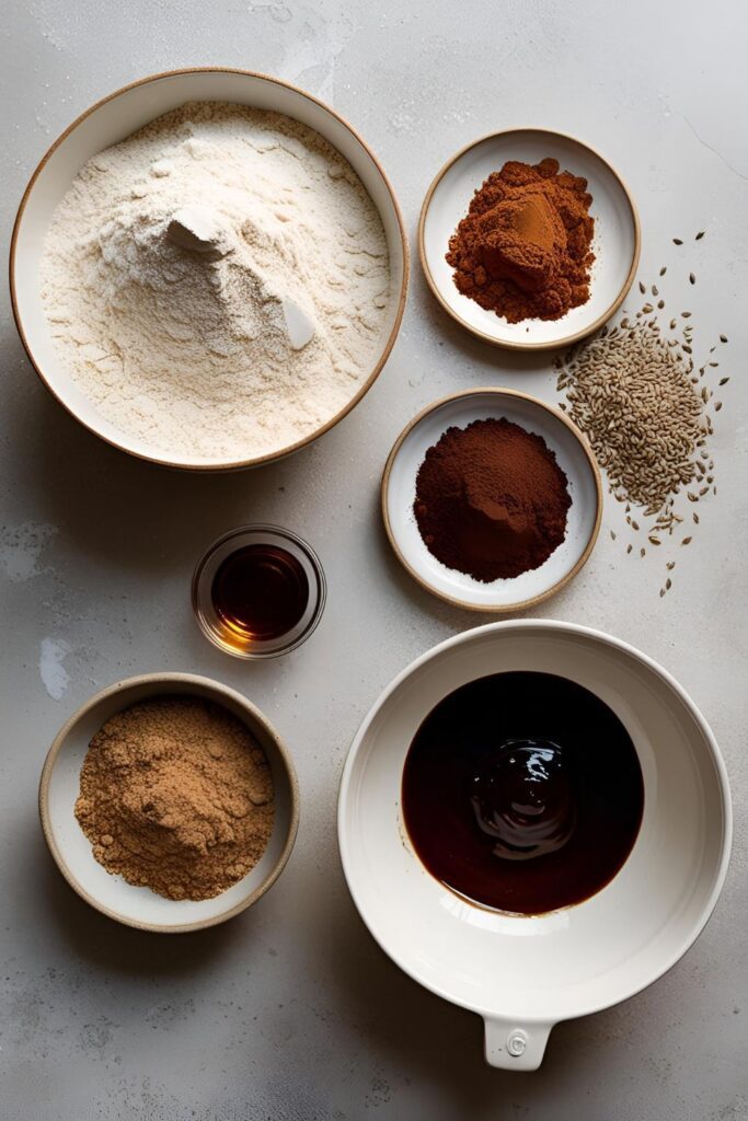  Ingredients for pumpernickel bread—rye flour, molasses, cocoa powder—arranged neatly on a kitchen counter, ready for baking..