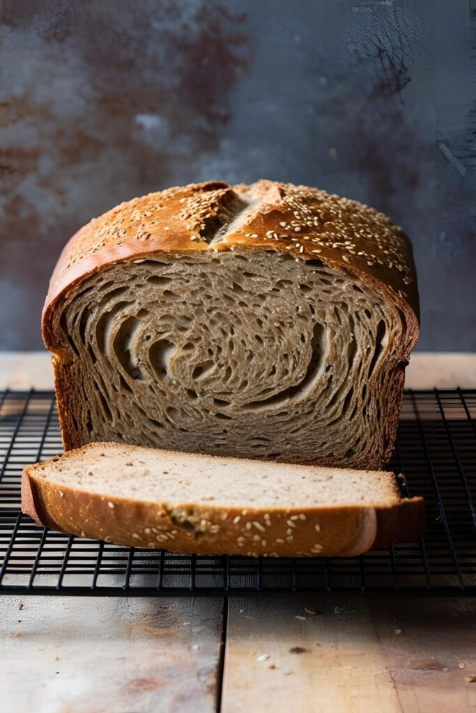 Whole loaf of golden-brown rye bread resting on a cooling rack in a cozy kitchen setting, with natural light highlighting its crust."