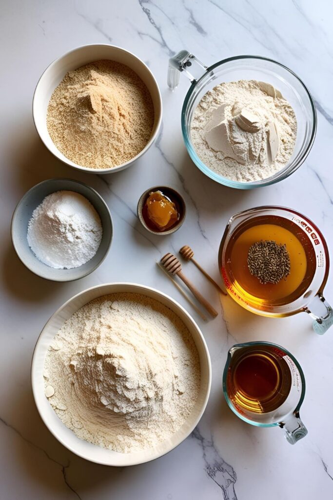 "A flat lay of rye flour, bread flour, honey, caraway seeds, yeast, and warm water, neatly arranged on a marble countertop with measuring tools."