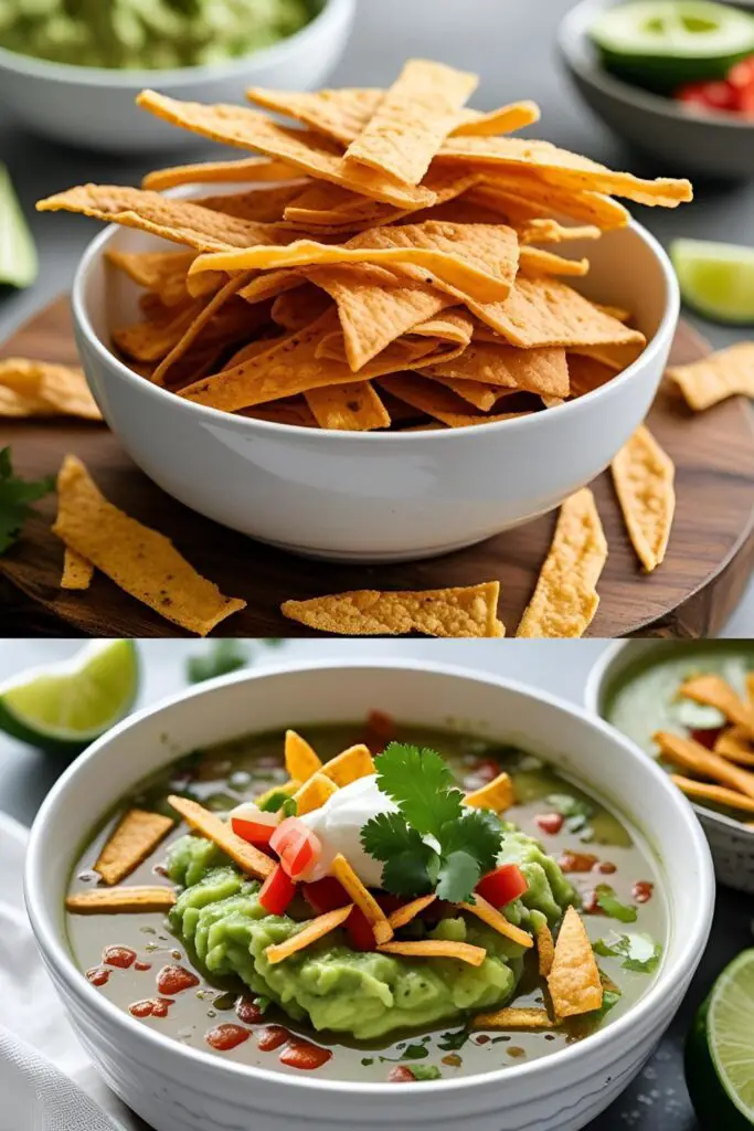 Three bowls showing oven-baked, air-fried, and fried tortilla strips with garnishes