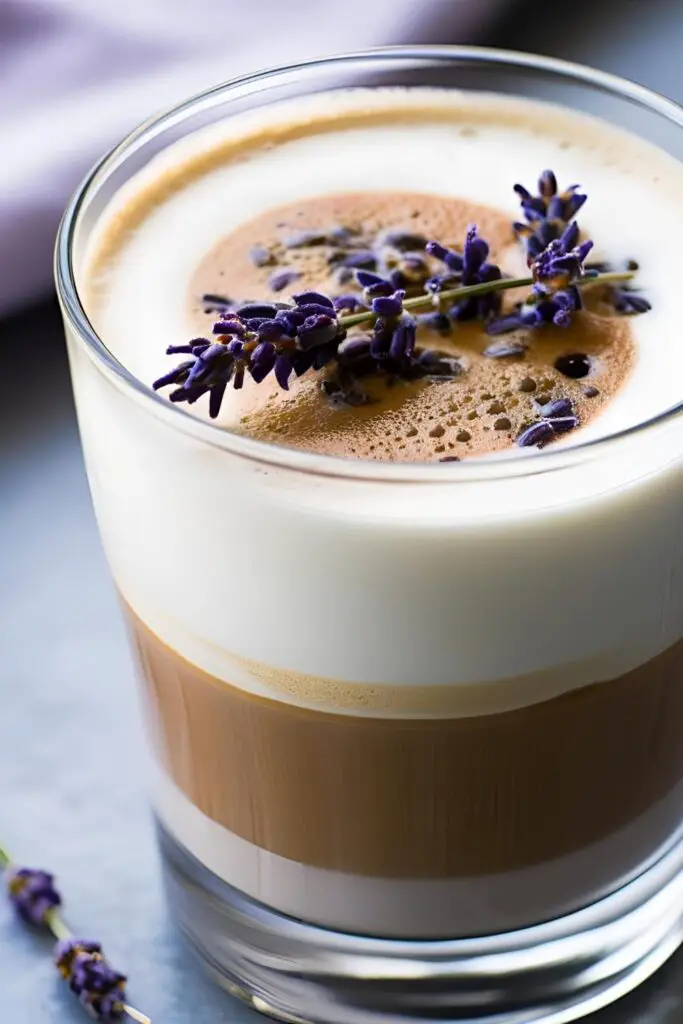 A refreshing iced lavender latte served in a tall glass with ice cubes and lavender garnish.