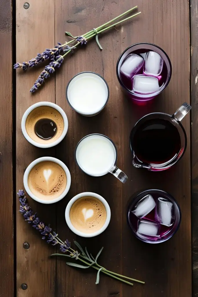 Ingredients for an iced lavender latte laid out on a kitchen counter.