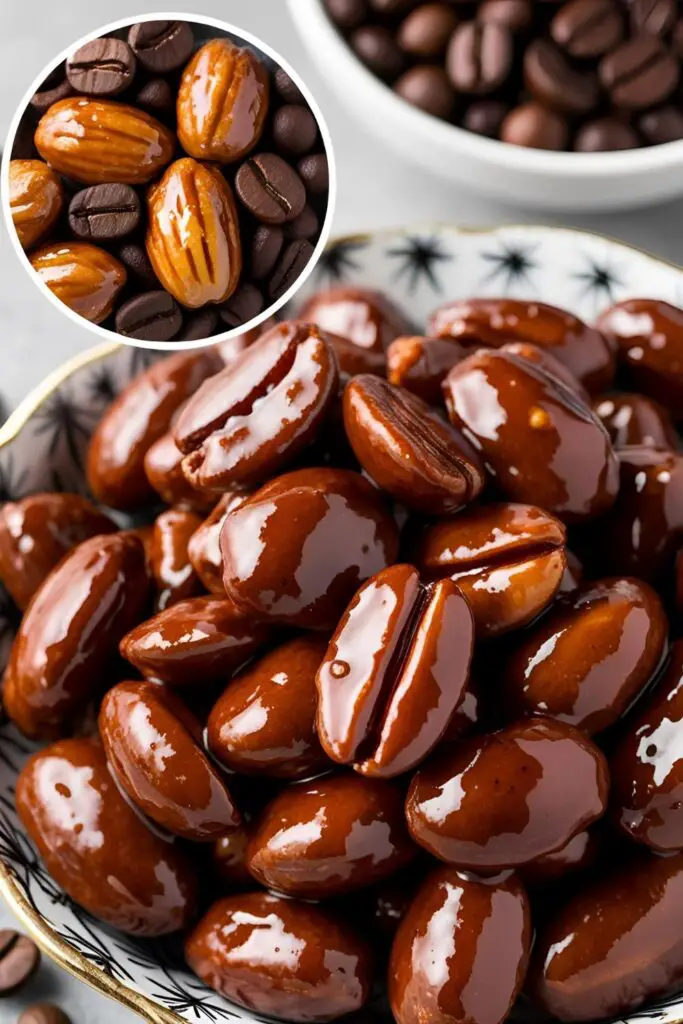 Close-up of coffee-glazed nuts on a serving platter, ready to be enjoyed.