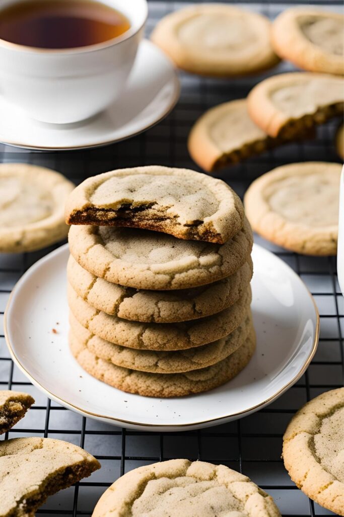 Earl Grey cookies with visible flecks of tea, sitting on a white plate with floral napkin.