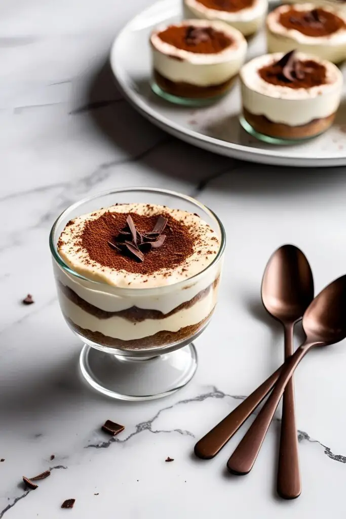 Mini tiramisu served in small clear ramekins with cocoa topping, arranged on a serving tray