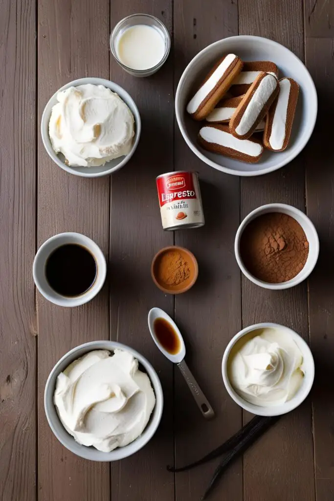 Clear glass dessert cups with layers of creamy tiramisu, cocoa powder dusting on top