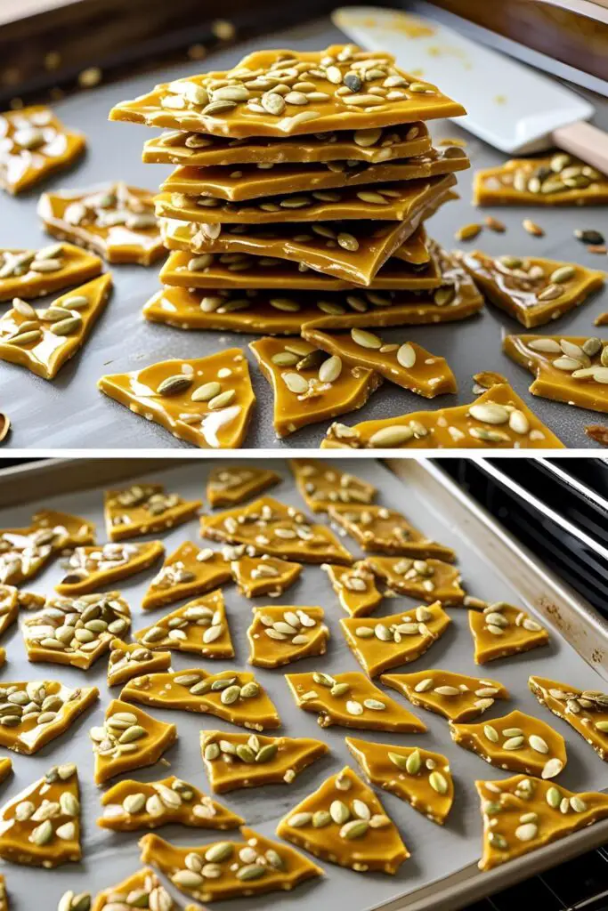 Close-up shot of golden, glossy homemade seed brittle with visible sesame and pumpkin seeds