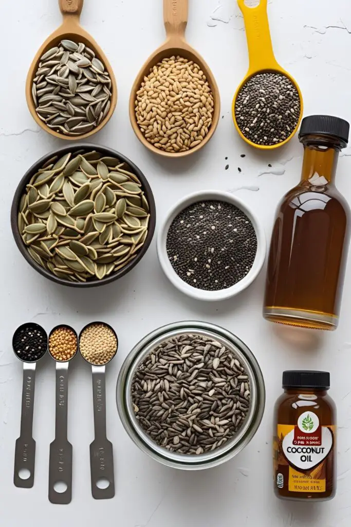 Vegan seed brittle broken into golden pieces on rustic background