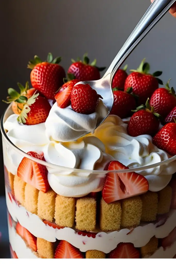 Individual servings of Strawberry Shortcake Trifle in glass jars, topped with fresh strawberries.