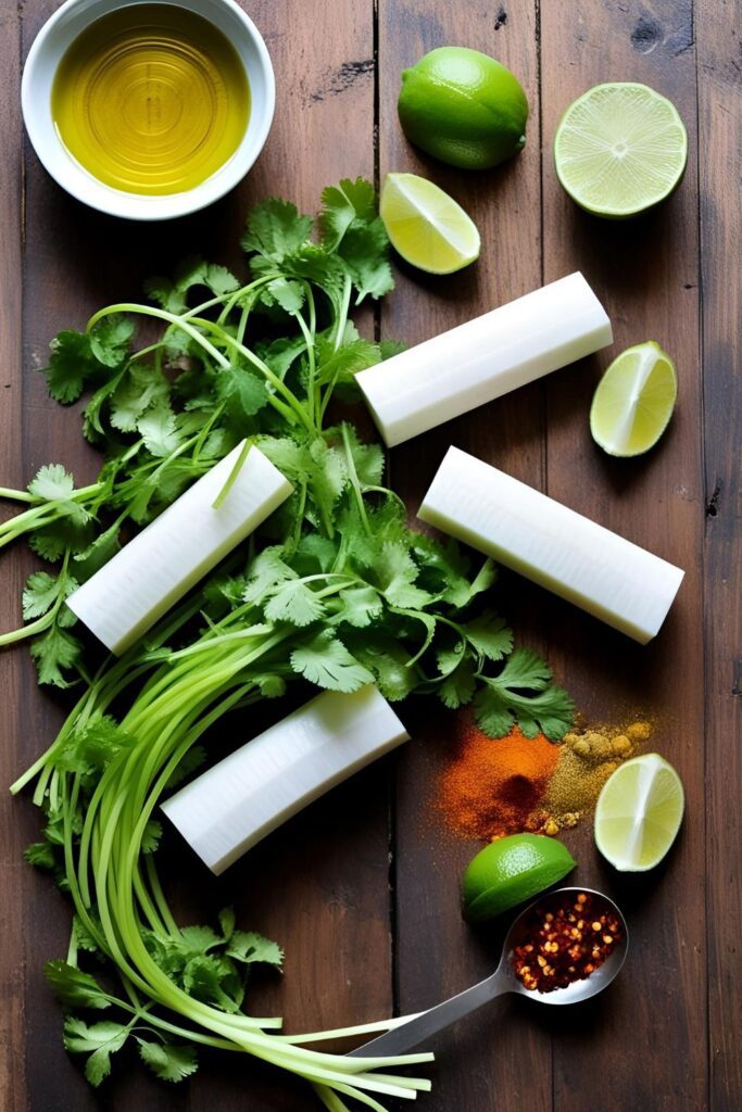 Spiralized jicama noodles in a bowl with a sprinkle of chili powder and fresh herbs.