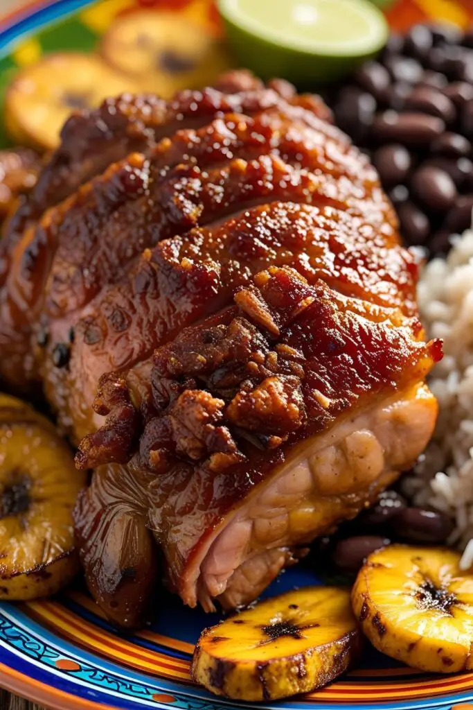 Close-up of crispy Mojo Pork with caramelized edges, glistening with citrus marinade, served hot in a roasting pan.